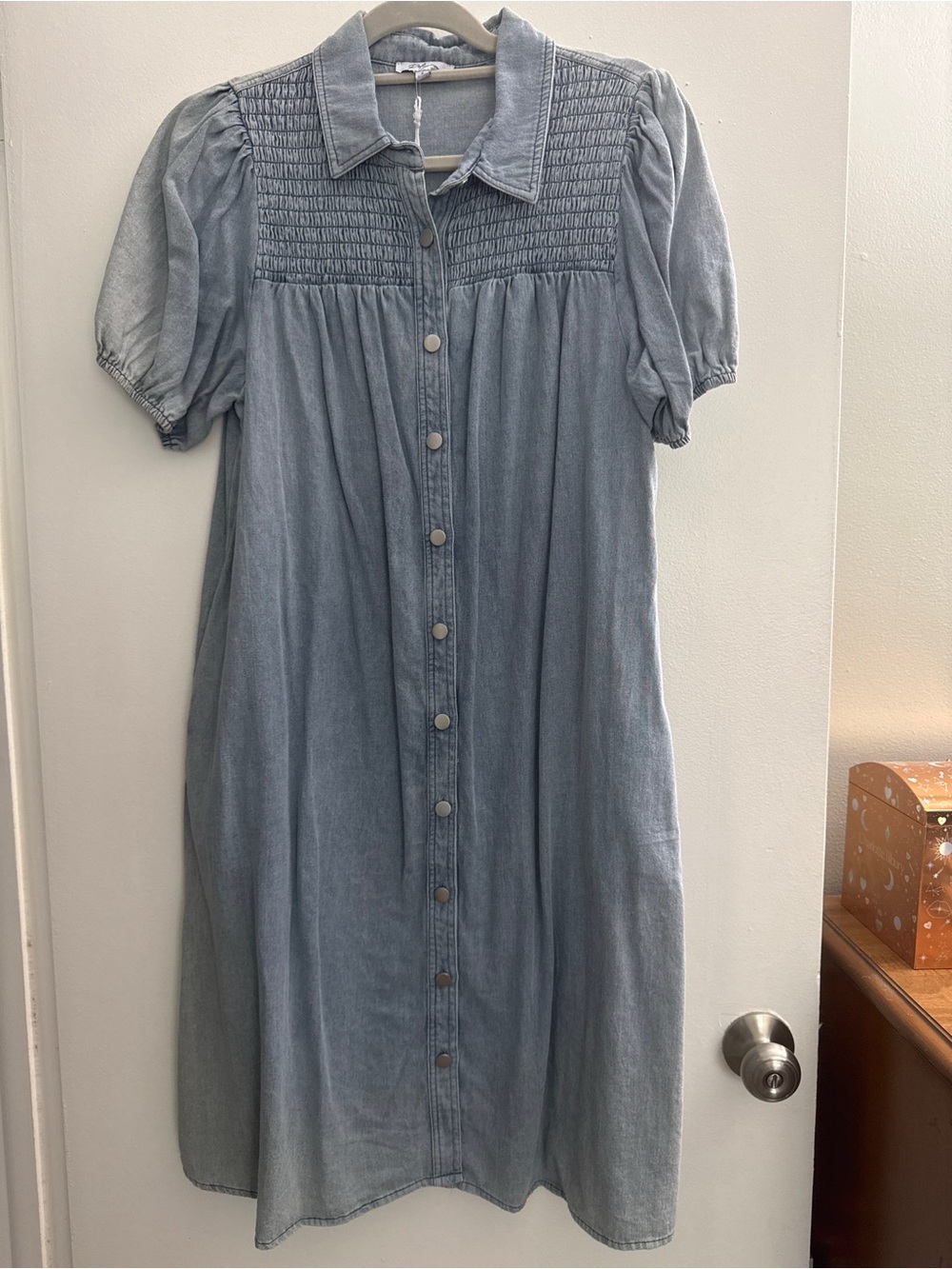 Polagram Washed Light Blue Denim Midi Dress with Smocked Yoke NWT